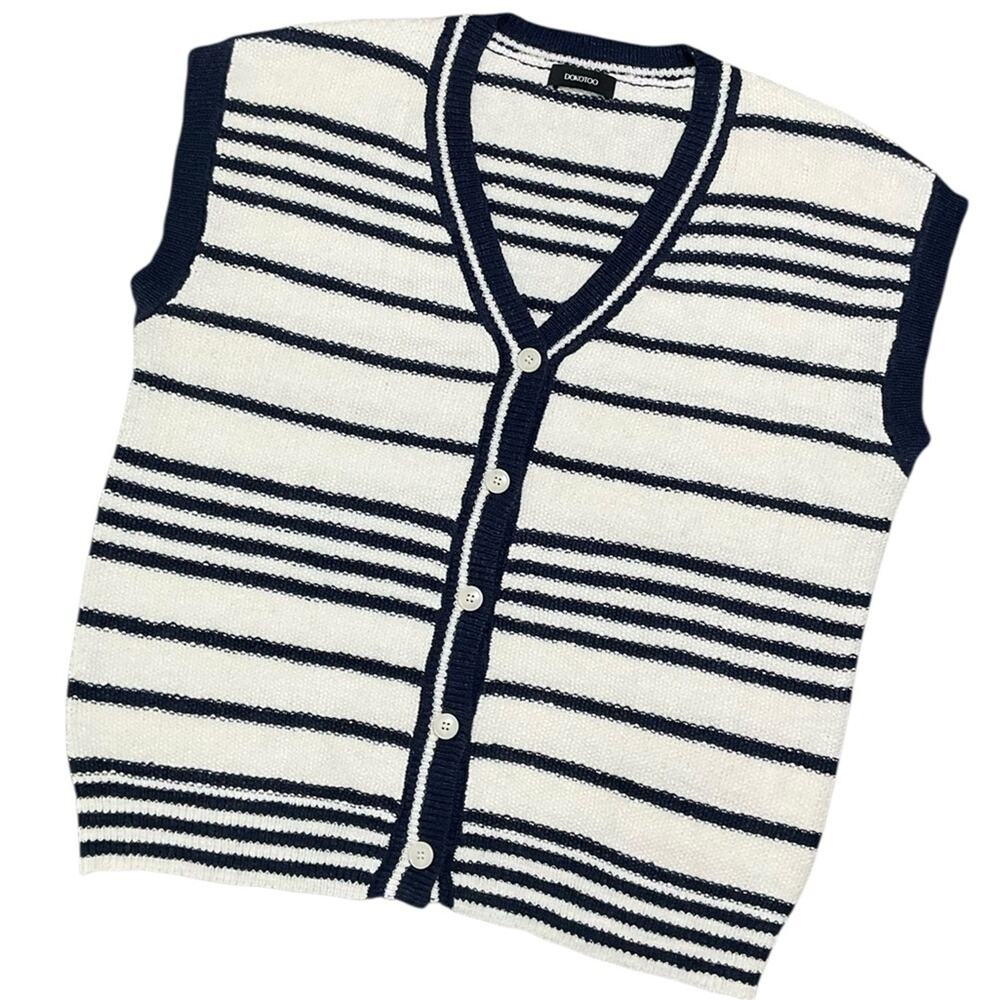 Dokotoo Striped Navy and White Button-Up Vest Size Large EUC